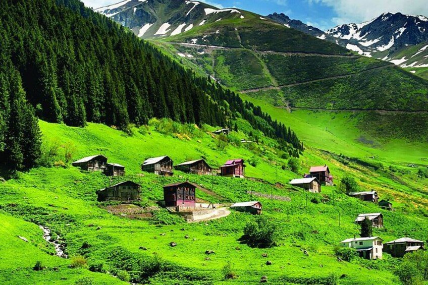 A mountainous landscape with green fields and scattered houses. 1