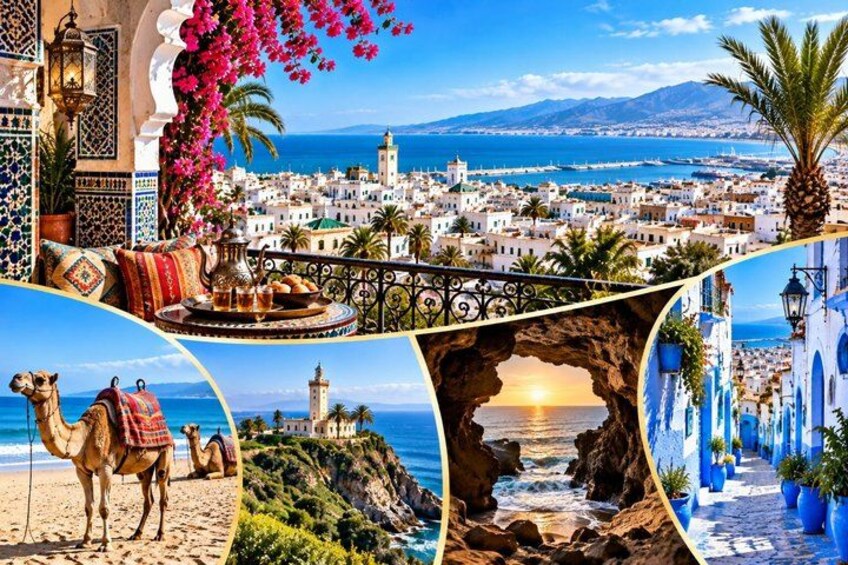 A coastal town with white buildings, a beach with camels, a sunset over the sea, and a traditional Moroccan interior. 2