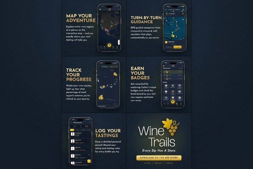 A mobile app interface with features like map navigation, progress tracking, badge earning, and tasting logging. 3