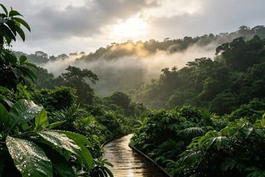 A wooden boardwalk through a lush, green forest with mist and sunlight filtering through the trees. 2