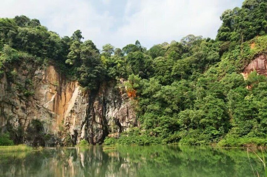 A river reflecting a forested cliff, calm water, and dense greenery. 3