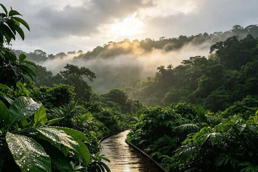 A wooden pathway through a lush green forest with mist and sunlight filtering through the trees. 5