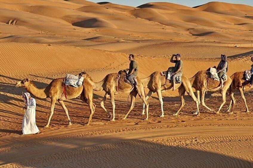 A group of camels with riders in a desert landscape. 2