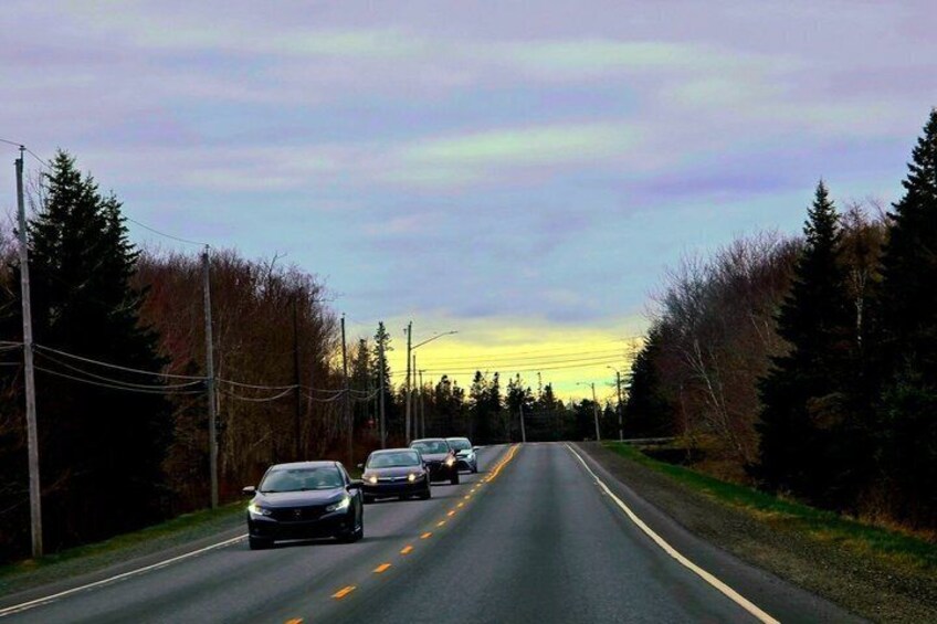 A multi-lane highway with vehicles, surrounded by trees and power lines. 5