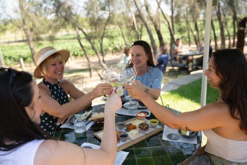 A group of people toasting at a table outdoors with a vineyard in the background. 1