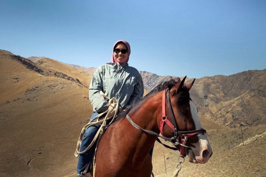 A person riding a horse in a mountainous area. 2