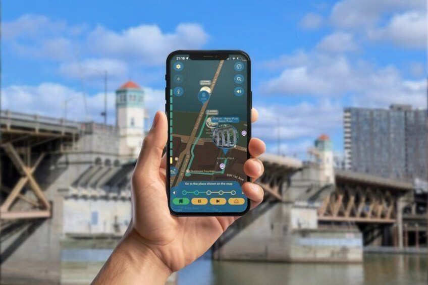 A hand holding a smartphone displaying a map with a bridge and water in the background. 1