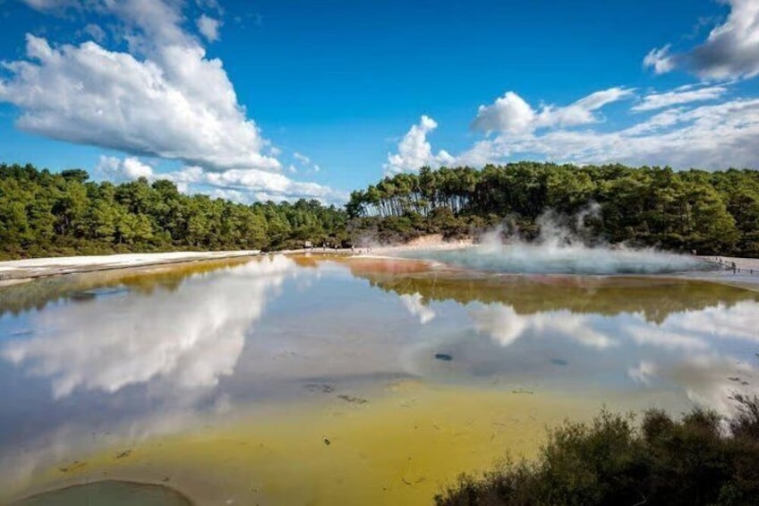 Un lago geotérmico con vapor ascendiendo, rodeado de un bosque denso y un cielo despejado. 3