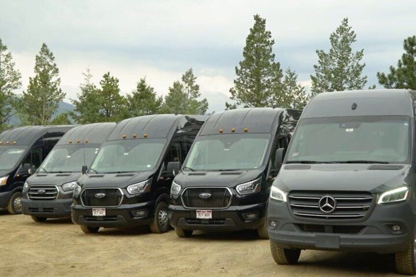 A row of black Mercedes vans parked outdoors with trees in the background. 3