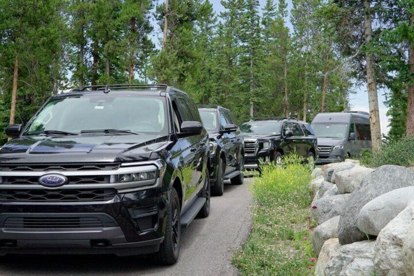 A black SUV parked on a road with a forest in the background. 4