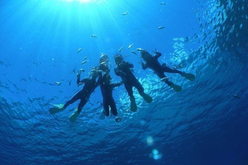 Three divers swimming underwater with sunlight filtering through the water. 5