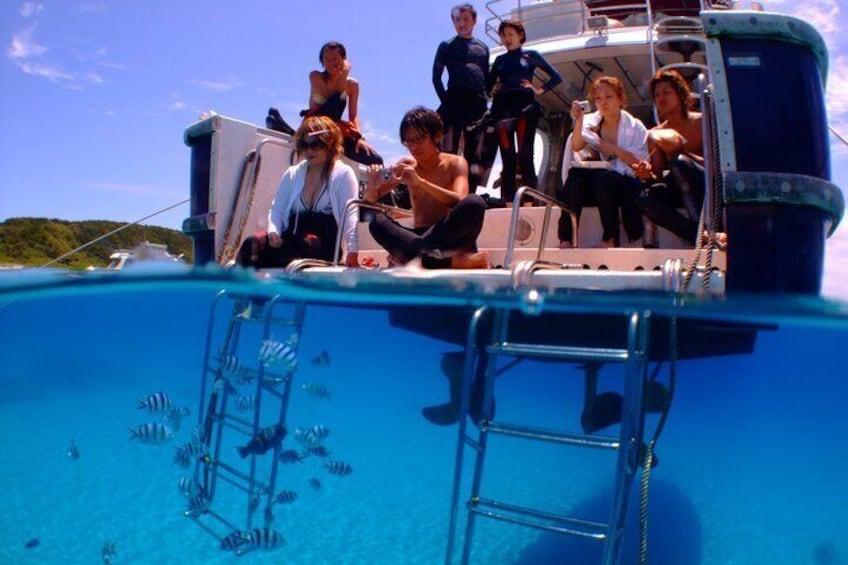 A group of people on a boat with a ladder leading into a clear blue water body. 4