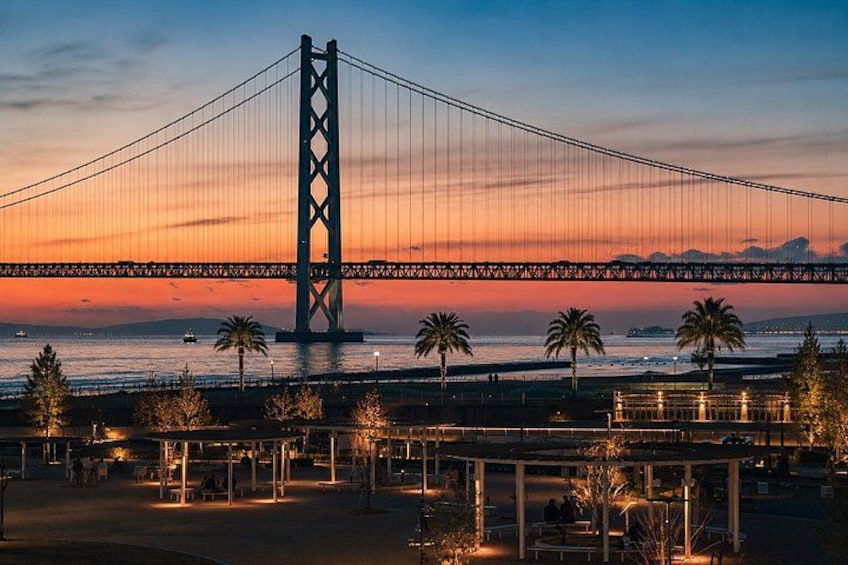 Un puente colgante al atardecer, con palmeras y un parque en primer plano. 2