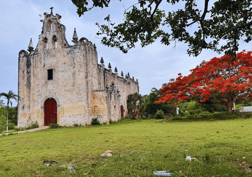 A historic church with a red door, surrounded by green grass and a large red flowering tree. 2