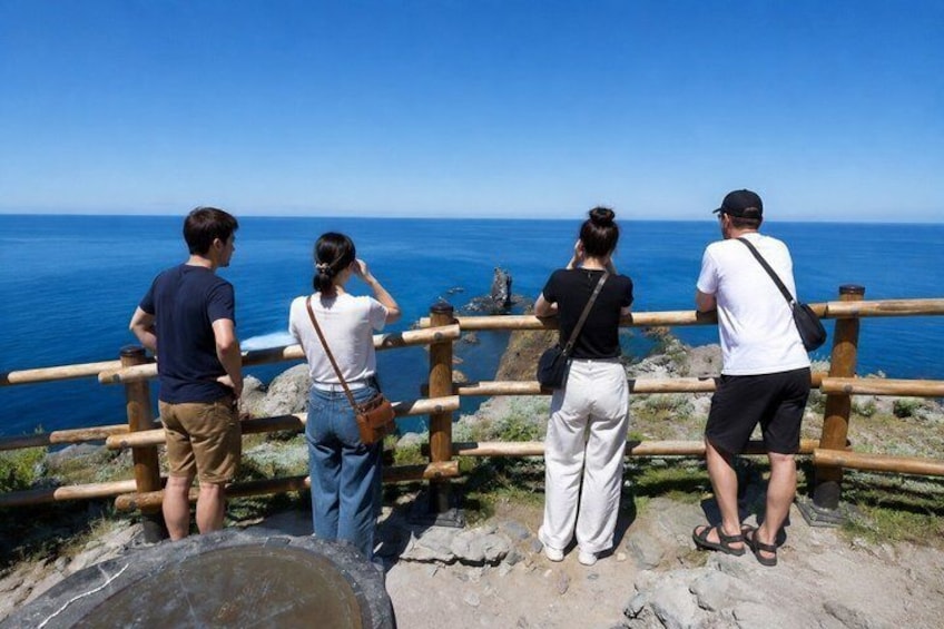 A group of people standing by a wooden railing overlooking a body of water. 4