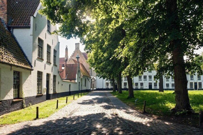 A cobblestone street lined with white buildings, trees, and a grassy area. 3