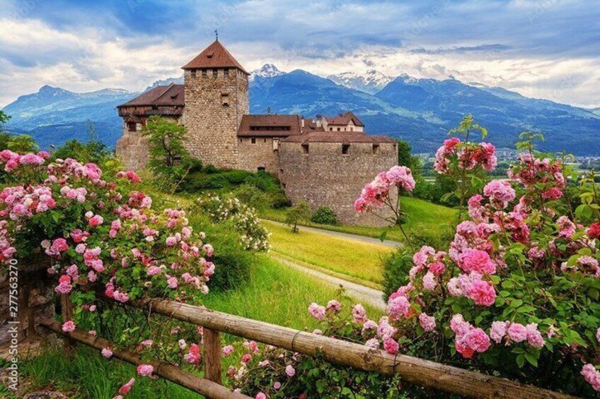 A castle surrounded by blooming pink flowers and mountains in the background. 5
