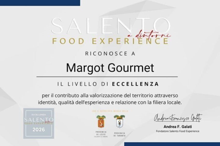 A certificate recognizing Margot Gourmet for excellence in food experience. 2