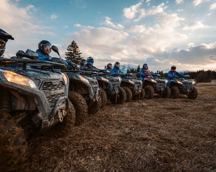 A line of atv riders in a field with a mountain in the background. 3