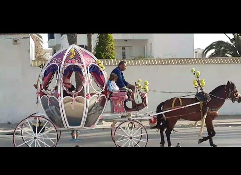 A horse-drawn carriage with ornate decorations and passengers. 3