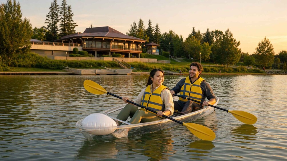 Two people in a canoe on a calm lake, wearing life jackets, with a house and trees in the background. 5