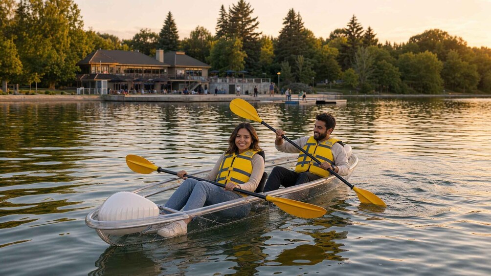 Two people in a kayak on a calm lake with a house in the background. 1
