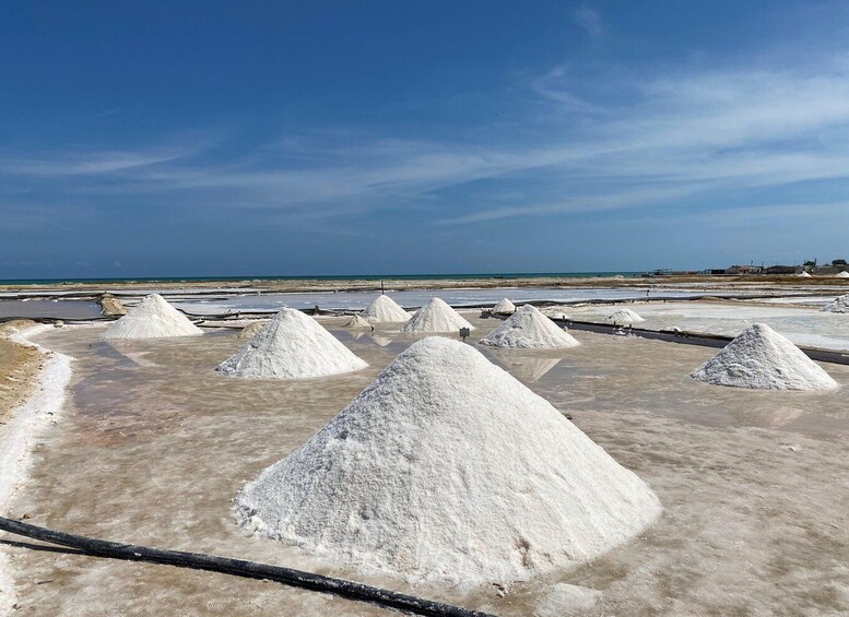 Salt piles on a beach with the ocean in the background. 2