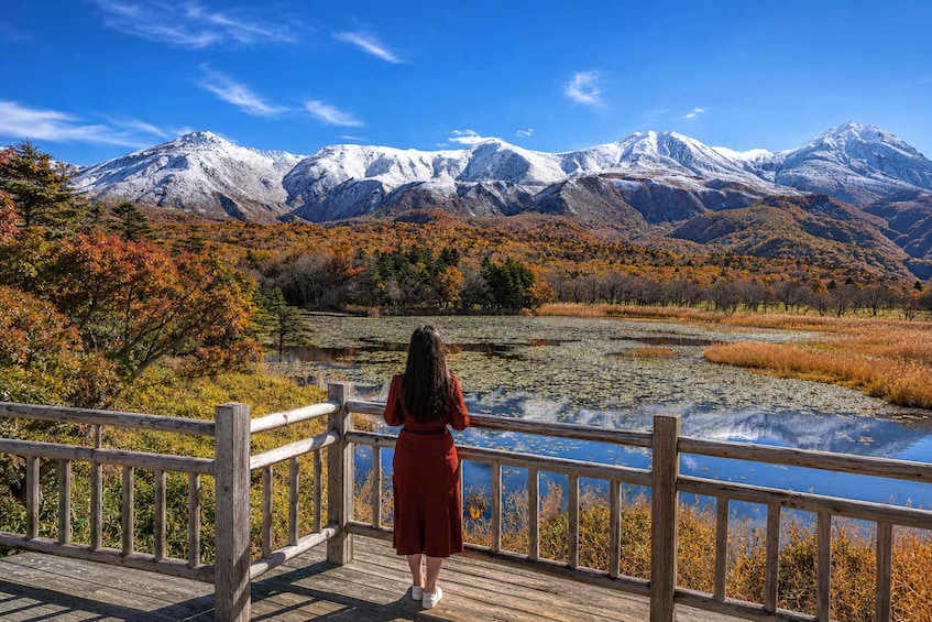 A person in a red dress standing on a wooden deck overlooking a lake with autumn foliage and snow-capped mountains in the background. 3