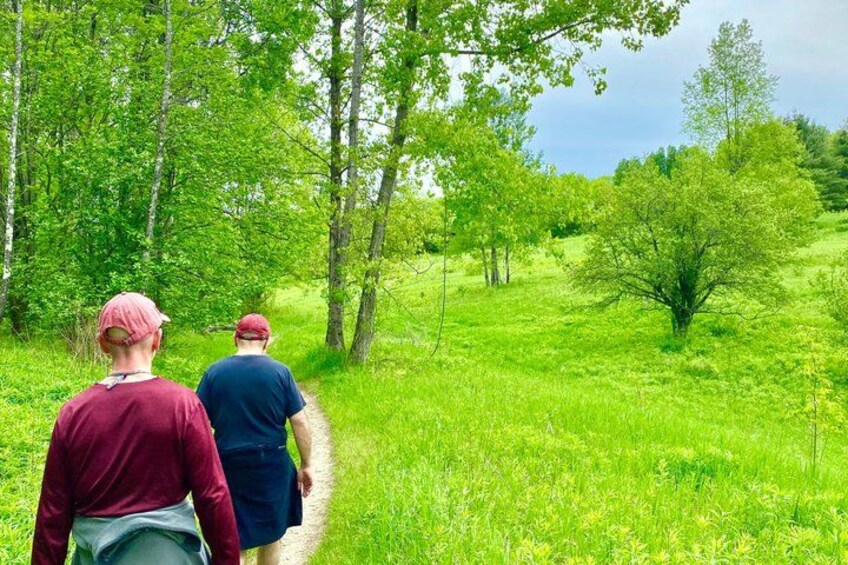 Two people walking on a grassy path surrounded by trees. 5