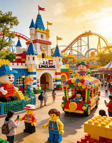A LEGO-themed amusement park with a castle, roller coaster, and a flower-decorated vehicle. 1