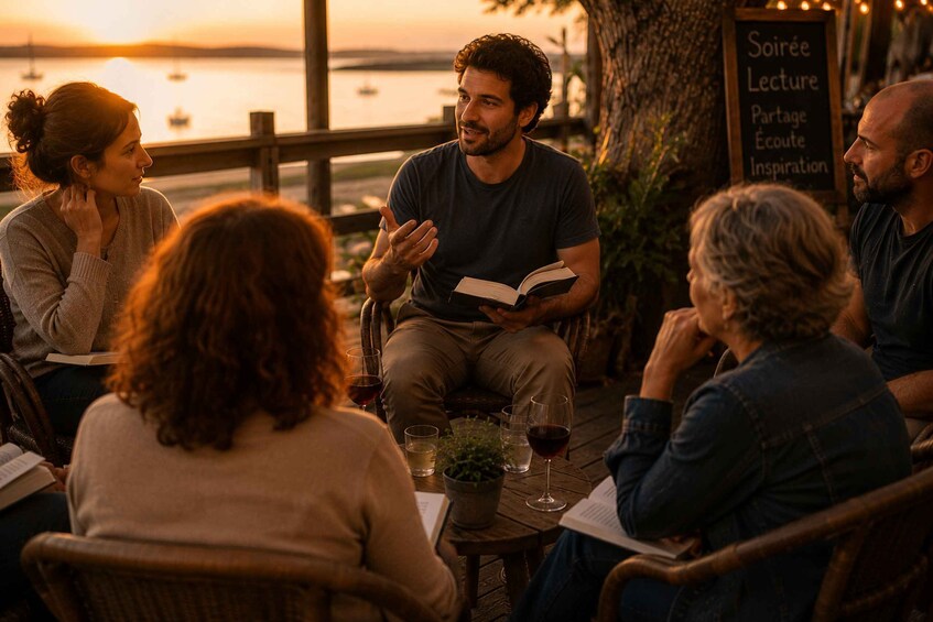 A group of people sitting outdoors at sunset, engaged in a discussion. 2