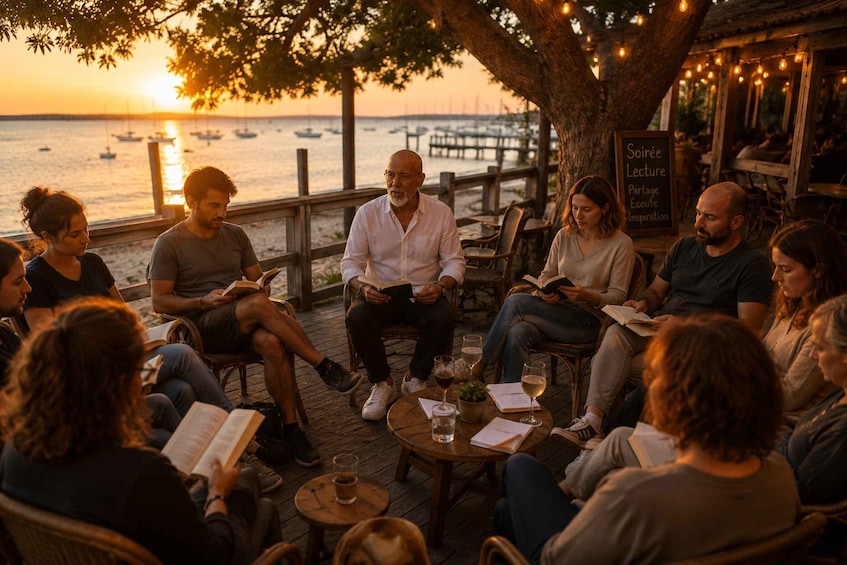 A group of people sitting outdoors at sunset, reading books, with a wooden deck and a view of the ocean. 1