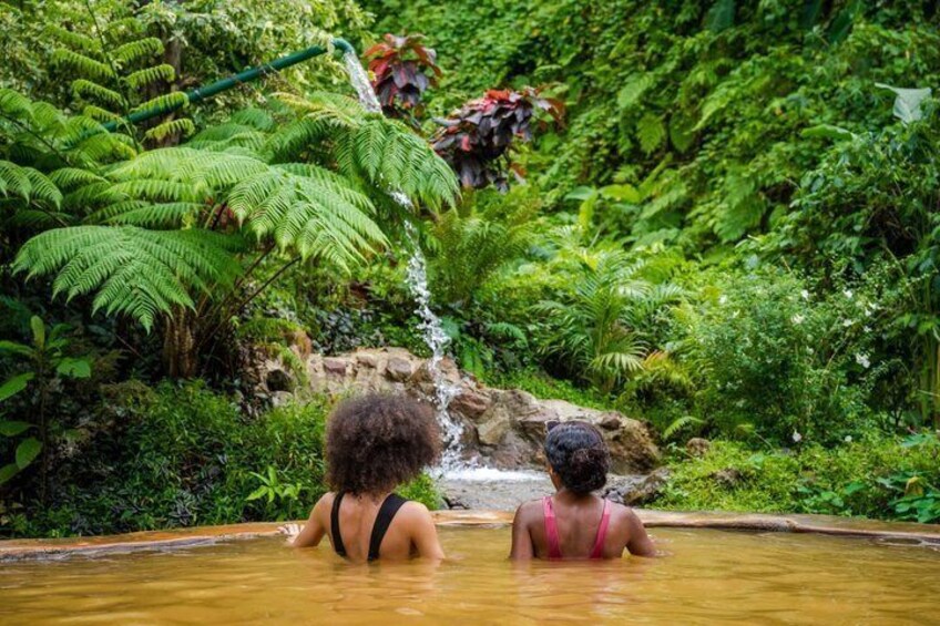 Two people in a natural hot spring surrounded by lush greenery and a waterfall. 5