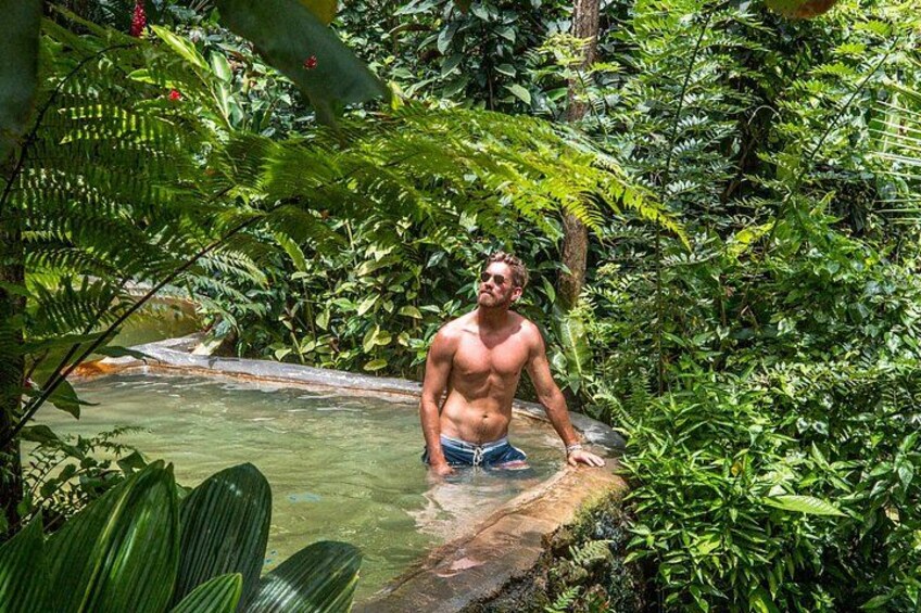 A man standing in a natural pool surrounded by dense tropical foliage. 5