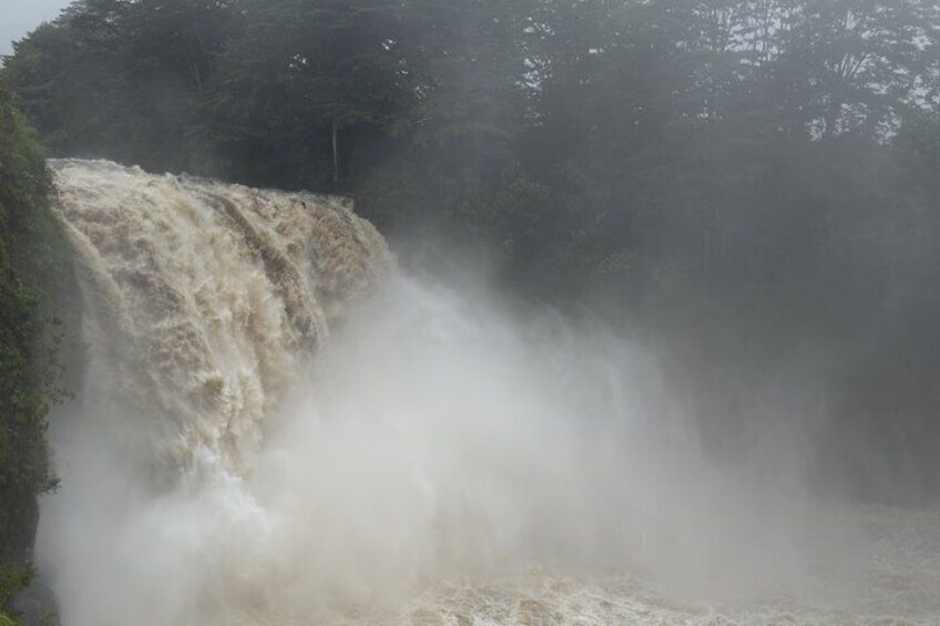 A waterfall with mist, surrounded by dense forest. 5