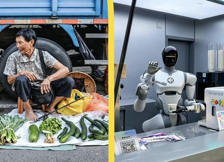 Una persona sentada sobre un neumático con verduras y un robot en un entorno moderno. 1
