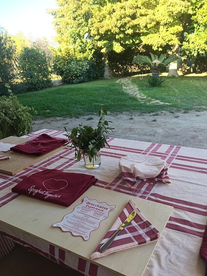 An outdoor dining setup with a table set for two, featuring a checkered tablecloth, red napkins, and a small potted plant. 2