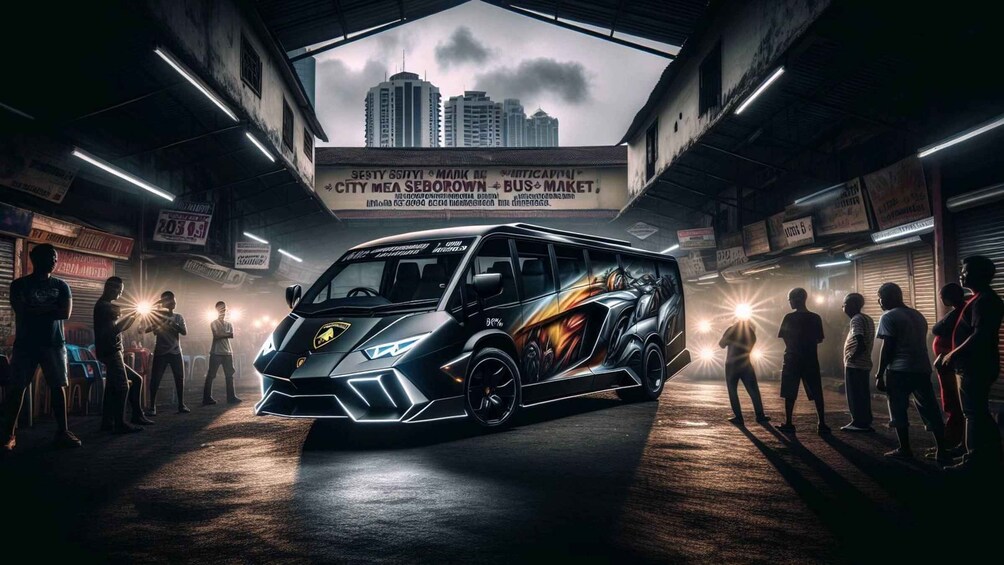 A futuristic car in an urban setting with a cityscape in the background. 2