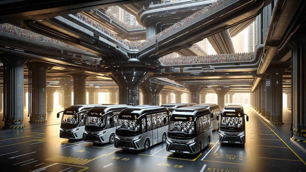 A futuristic underground station with multiple buses parked in a row. 3