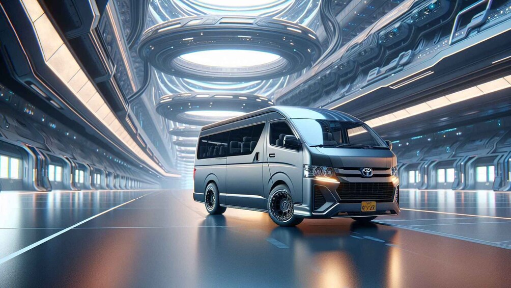 A futuristic van in a high-tech tunnel with reflective surfaces and circular lighting. 4