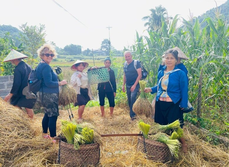 A group of people in a rural setting, some carrying bundles of crops, with fields and a clear sky in the background. 2
