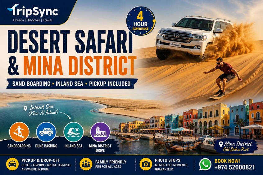 A desert safari and Mina District tour in Oman, including sandboarding, dune bashing, and a drive through the Mina District. 1
