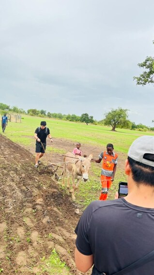 A man plowing a field with a donkey, another man in orange safety gear observing, and a child sitting on the ground. 1