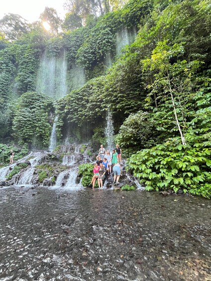 A group of people standing on rocks by a waterfall surrounded by lush greenery. 5