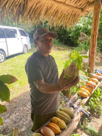 A person holding a large plant pod, standing under a thatched roof structure, with a vehicle and a wooden rack of pods in the background. 3