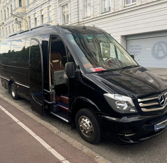 A black Mercedes-Benz van parked on a street with a building in the background. 3