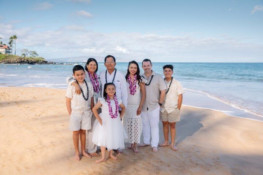 A family on a beach with a clear sky and calm sea. 4