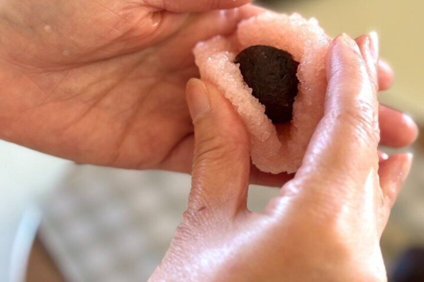 Hands holding a round, dark object with a white, textured surface. 4