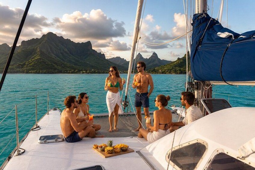 A group of people on a sailboat with a mountainous landscape in the background. 3