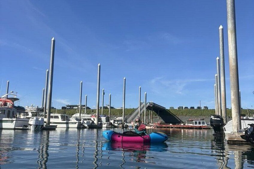 A marina with boats docked, a bridge, and a clear blue sky. 2
